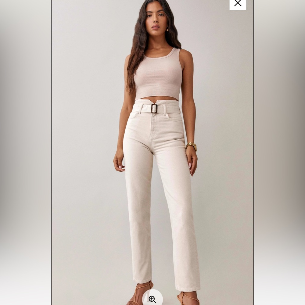 NWT: Reformation - Cynthia Belted High Rise Straight Jeans, Size 30, Bone